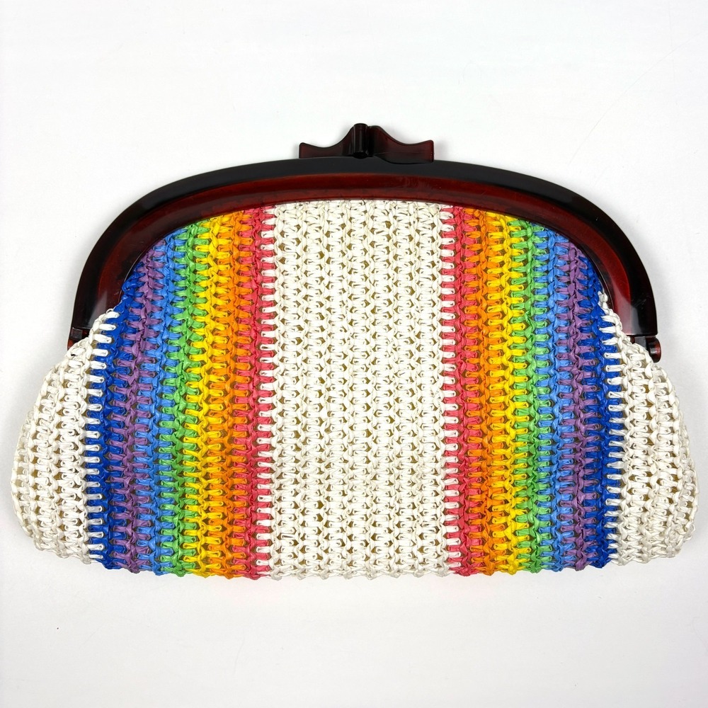 VTG 70s MCI Rainbow Stripe Clutch White Brown Kiss Clasp Raffia Retro Boho Hippi